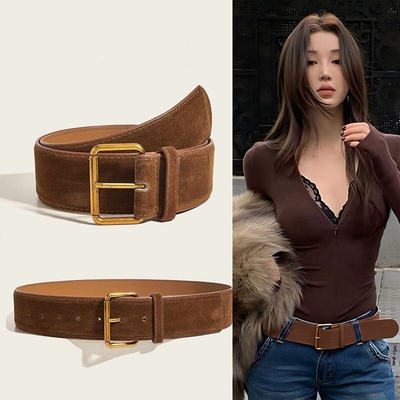 绒面复古棕色宽腰封腰带女2025新