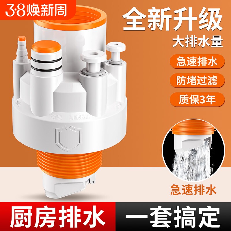 厨房下水管三头通洗碗机水槽排水管净水器密封塞下水器防返臭神器