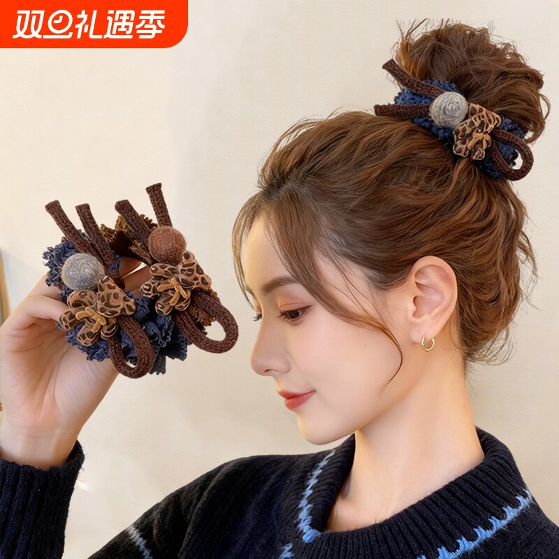 小熊豹纹大肠发圈女高级感头绳低马尾扎发皮筋丸子头发绳秋冬新款