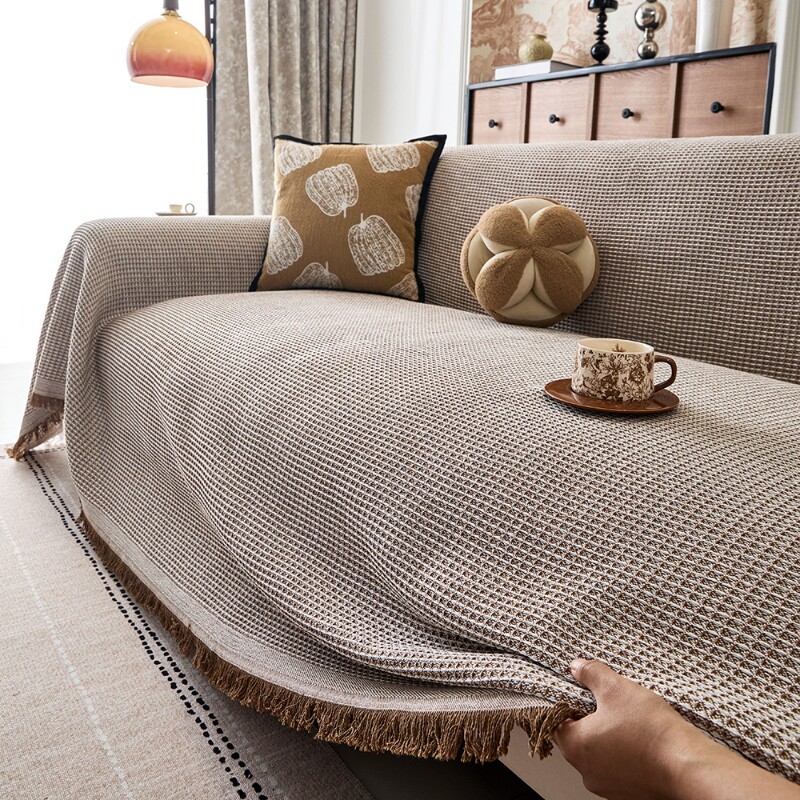 沙发ins防尘华夫格四季通用单人盖布棉纱沙发套罩盖毯一片式奶油