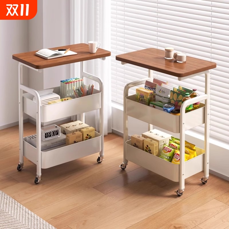 奶油简约收纳卧室客厅浴室夹缝落地可移动零食储物架两层小推车