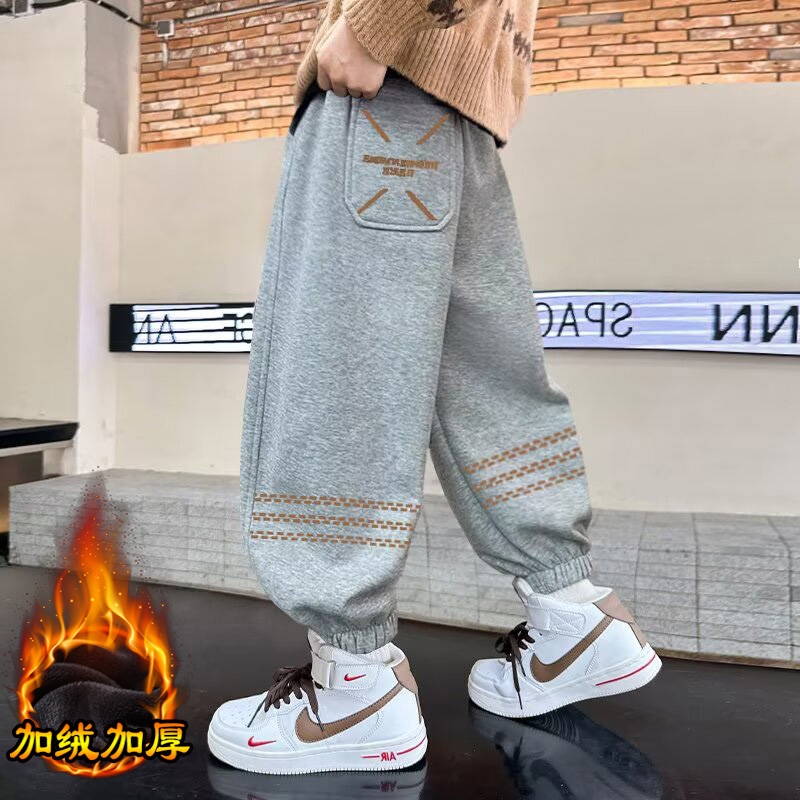 男童休闲裤子秋冬6-14岁童装中大童男孩长裤儿童冬装卫裤加绒灰色