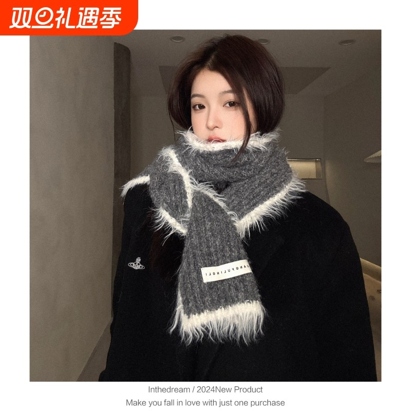 韩版ins针织围巾女2025秋冬新款保暖毛线围脖紫色红色咖色纯色