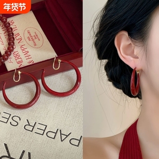 「安可拉红」复古圈圈红色耳饰蚊香盘耳夹无耳洞圆圈显白耳钉纯银
