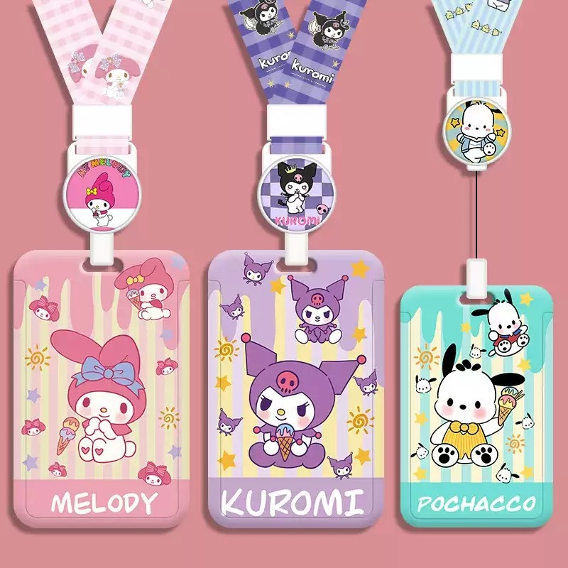 伸缩卡套可爱库洛米小学生儿童公交市民饭卡学生证件身份证工作证带挂绳胸牌校园门禁公交饭卡套挂脖工牌防丢