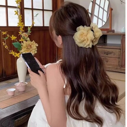 仙女超仙大花朵抓夹桃花款鲨鱼夹发饰中号紫色气质杏色温柔甜美