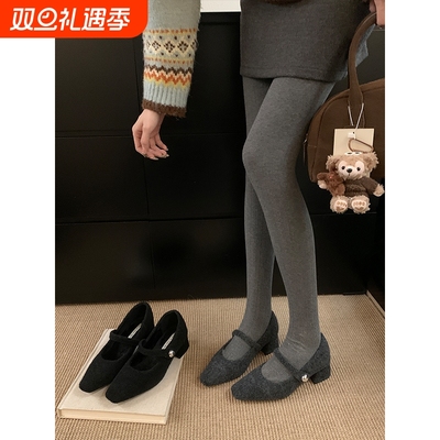 呢子灰色粗跟单鞋女冬季款法式加绒晚晚高跟玛丽珍毛毛鞋内增高