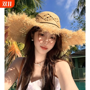 镂空编织草帽女夏季 户外海边度假风防晒遮阳大帽檐太阳帽 2025新款