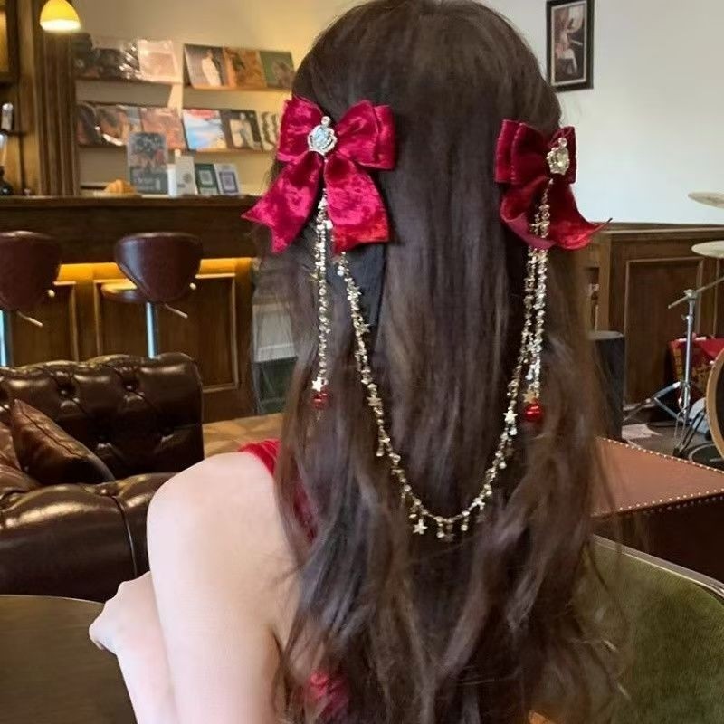 公主氛围蝴蝶结发饰三件套发夹女后脑勺新年红色夹子过年发饰头饰