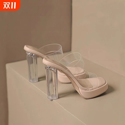 透明高跟鞋女2025夏季新款防水台粗跟厚底水晶凉鞋拖鞋女外穿宽脚