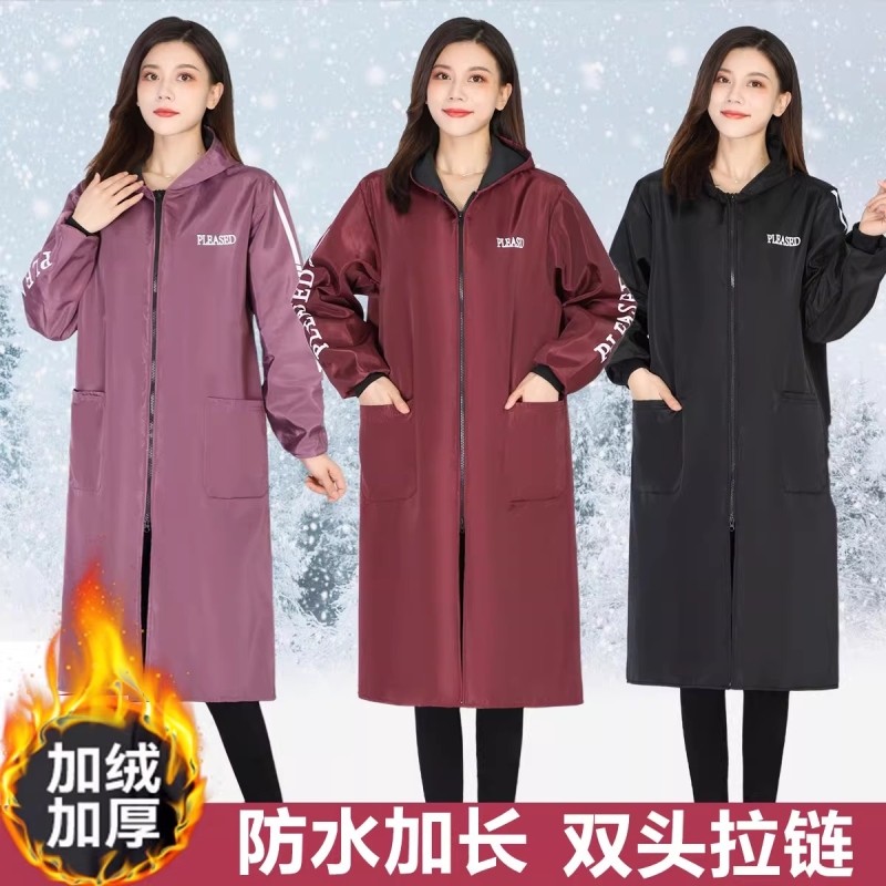 加绒罩衣女过膝加长款套羽绒服防水防油围裙冬季工作服男洋气防风