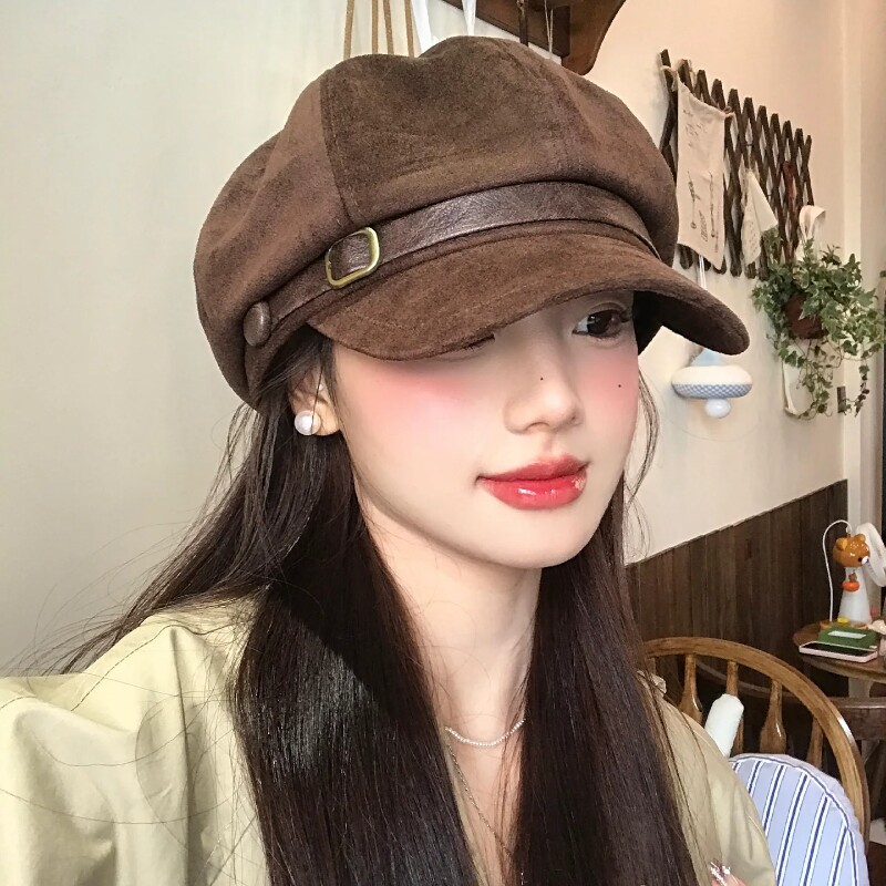 美拉德咖色复古麂皮绒贝雷帽女秋冬高品质显脸小皮带八角报童帽子
