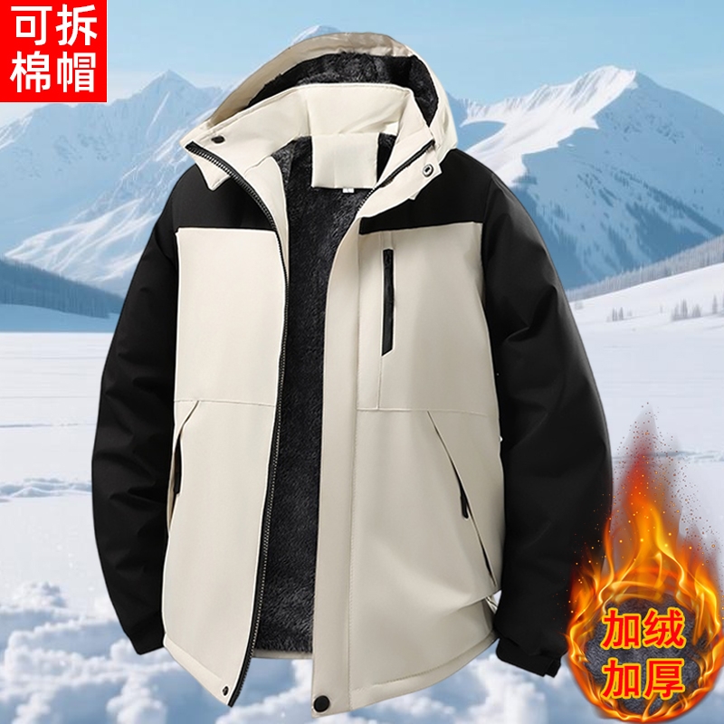 户外加绒加厚冲锋衣男女款可拆卸帽子防水防风三防保暖登山服外套