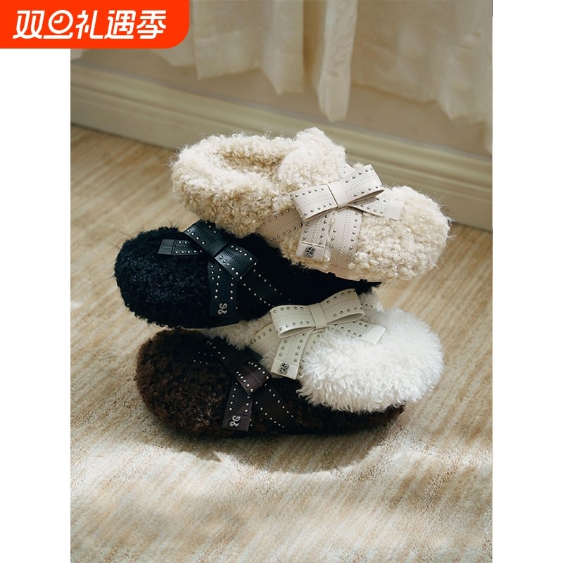 厚底蝴蝶结毛毛绒拖鞋秋冬季一脚蹬2025年秋冬舒适保暖大头勃肯鞋