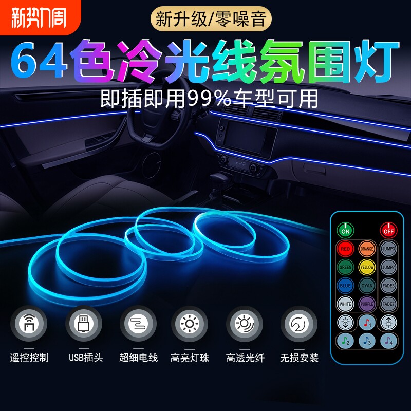 汽车冷光线氛围灯车内装饰灯七彩声控光条USB免接线LED中控车门