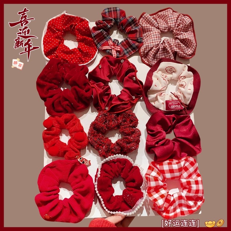 红色系毛绒肥肠发绳秋冬猪大肠发圈女扎头发皮筋头绳发饰蝴蝶结