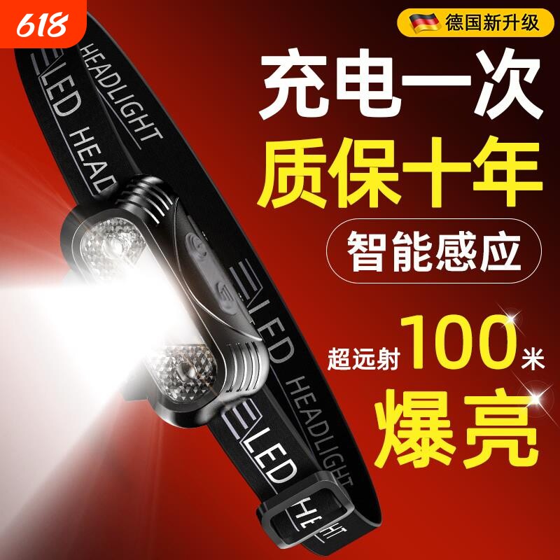 夜钓头戴式头灯2026新款强光超亮超长续航100小时钓鱼专用手电筒