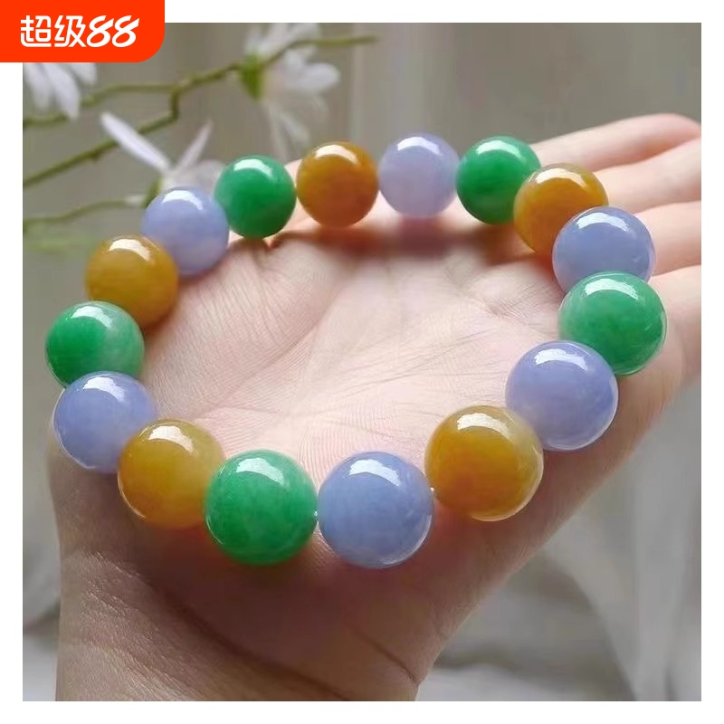 爆款多宝冰种翡翠手串a玉女三彩飘花满绿圆珠串小米珠福禄寿手链