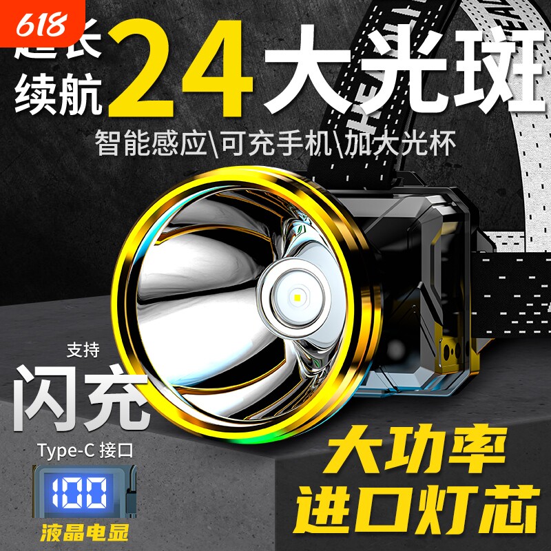 头灯2025新款强光超亮充电矿灯头戴式照明灯户外登山感应钓鱼专用