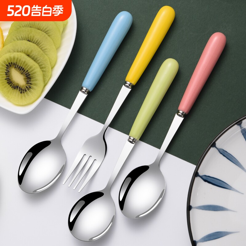 陶瓷柄加厚不锈钢长柄勺可爱汤匙吃饭勺儿童勺子叉子家用餐具调羹