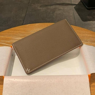 爱马女仕钱包长款男 女通用新款手缝线小H对折钱夹头层牛皮H扣