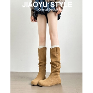 勃肯长筒靴子女2025秋冬新款堆堆靴内增高博肯高筒骑士靴平底鞋子