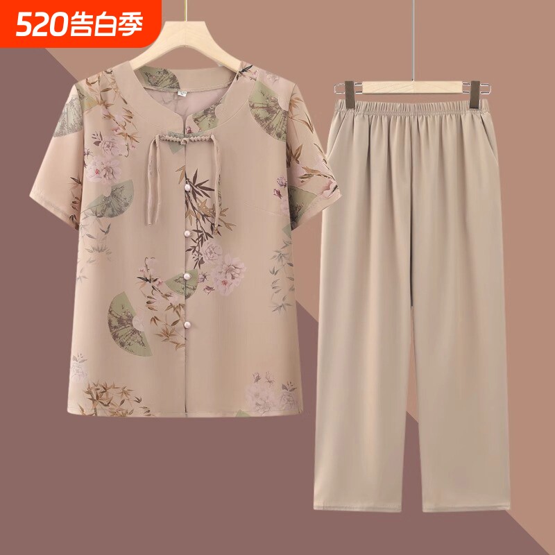 显瘦奶奶夏装妈妈新款套装中老年人衣服女冰丝短袖两件套607080