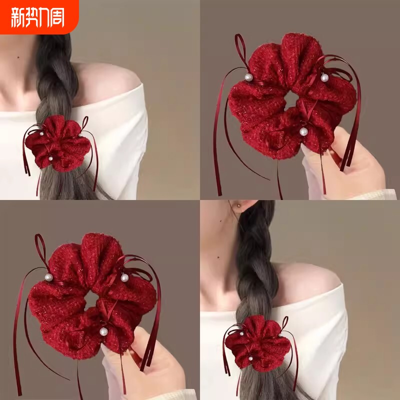 蕾丝花边喜庆红色发圈头花红大肠发绳头绳拍照头饰蝴蝶结短发通勤