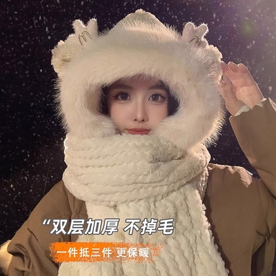 龙宝帽子秋冬女围巾手套一体连帽冬季围脖可爱保暖毛绒冬天三件套