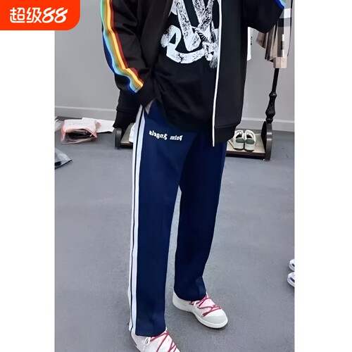 轻奢高街字母刺绣阔腿男春夏直筒条纹拼接休闲裤潮牌情侣运动裤子