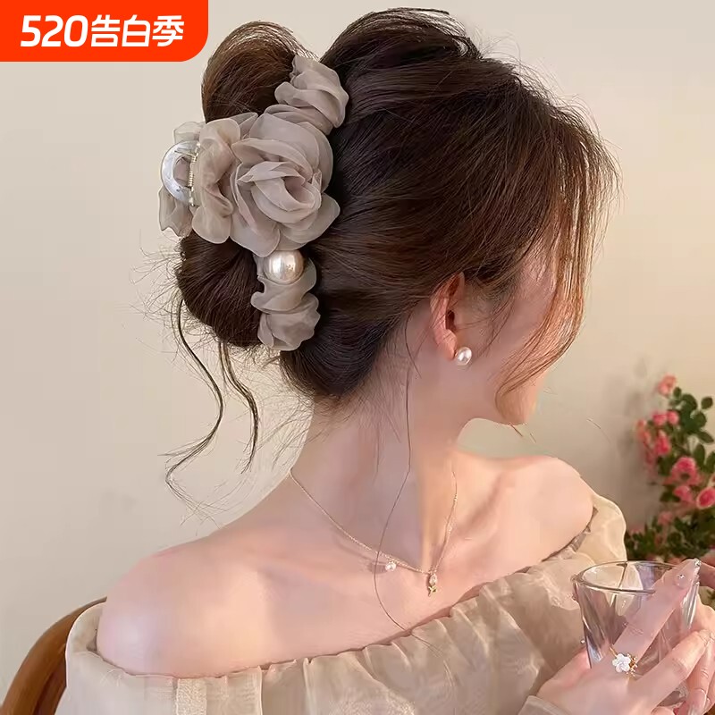 2026新款网纱珍珠花朵抓夹女高级感后脑勺盘发夹子鲨鱼夹发夹发饰