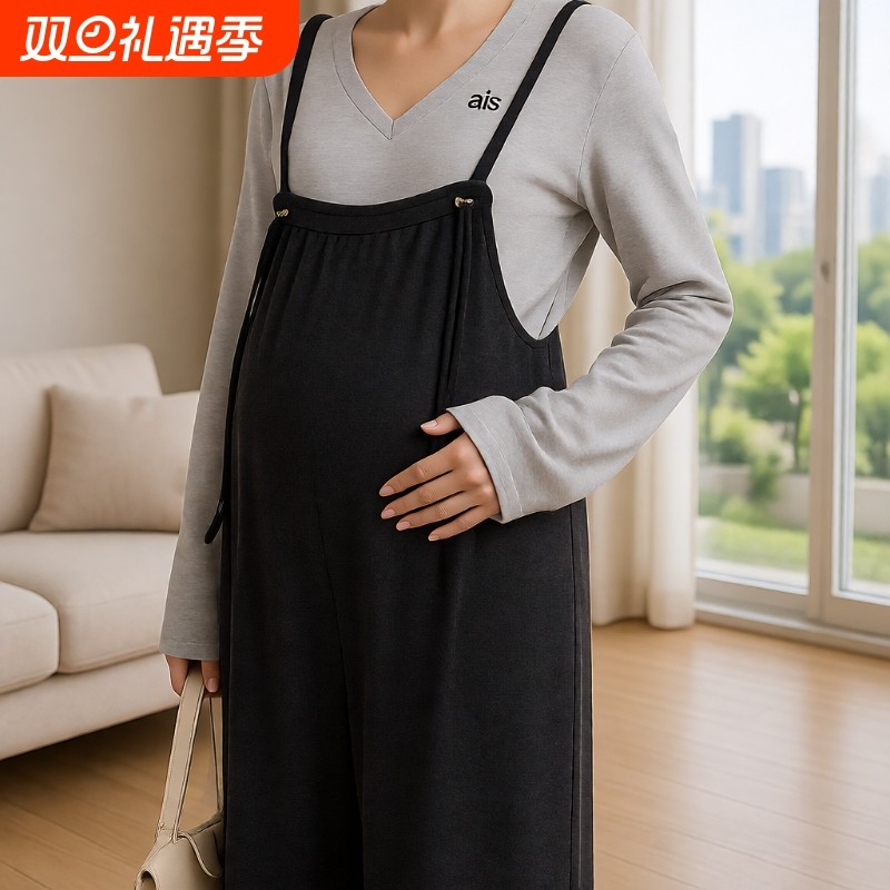 孕妇背带裤2025秋季新款阔腿裤猪鼻扣设计减龄女秋可调节棉麻长裤