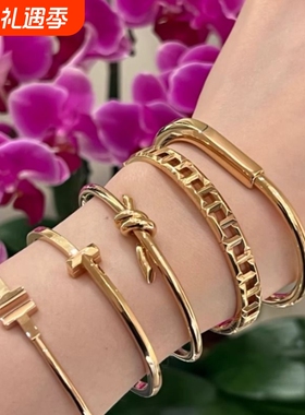 高级金色kont窄版绳结手镯韩风单圈扭结扭绳手环轻奢饰品黄金光面