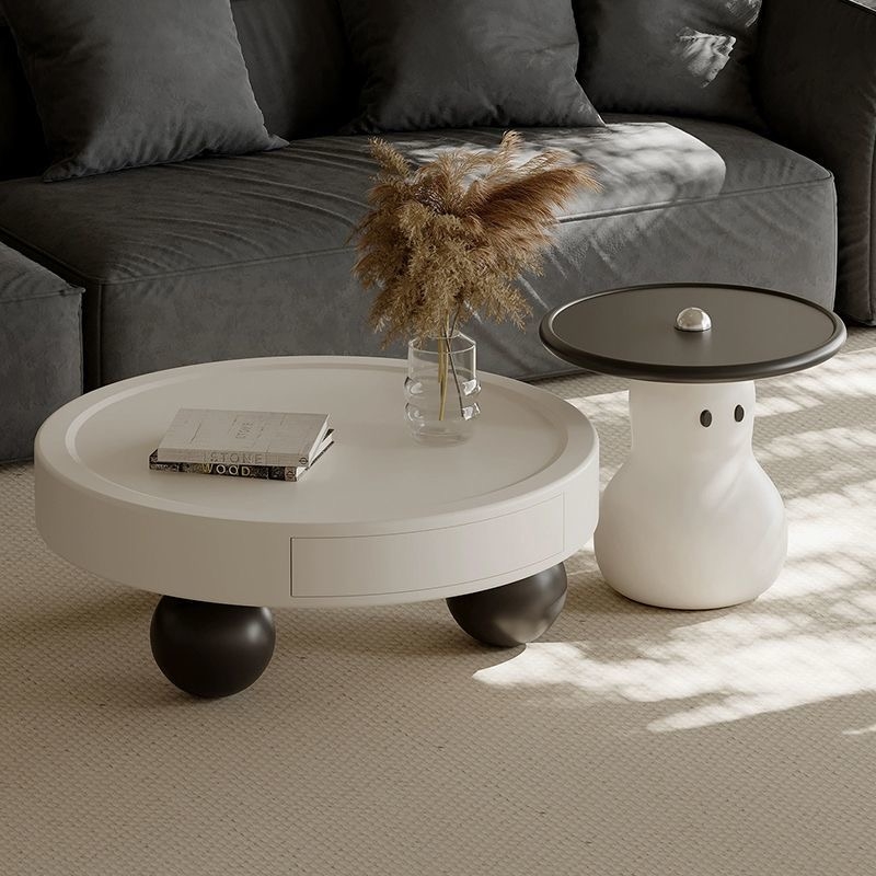 奶油风圆形茶几组合创意烤漆意式极简茶几边几小户型客厅家用茶几