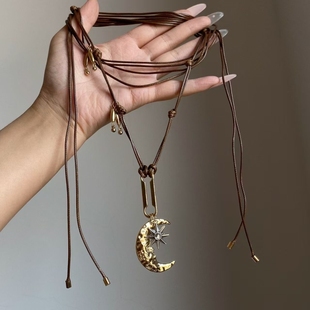 中古vintage月牙芒星蜡绳项链可调节百搭秋冬毛衣链 日月同辉