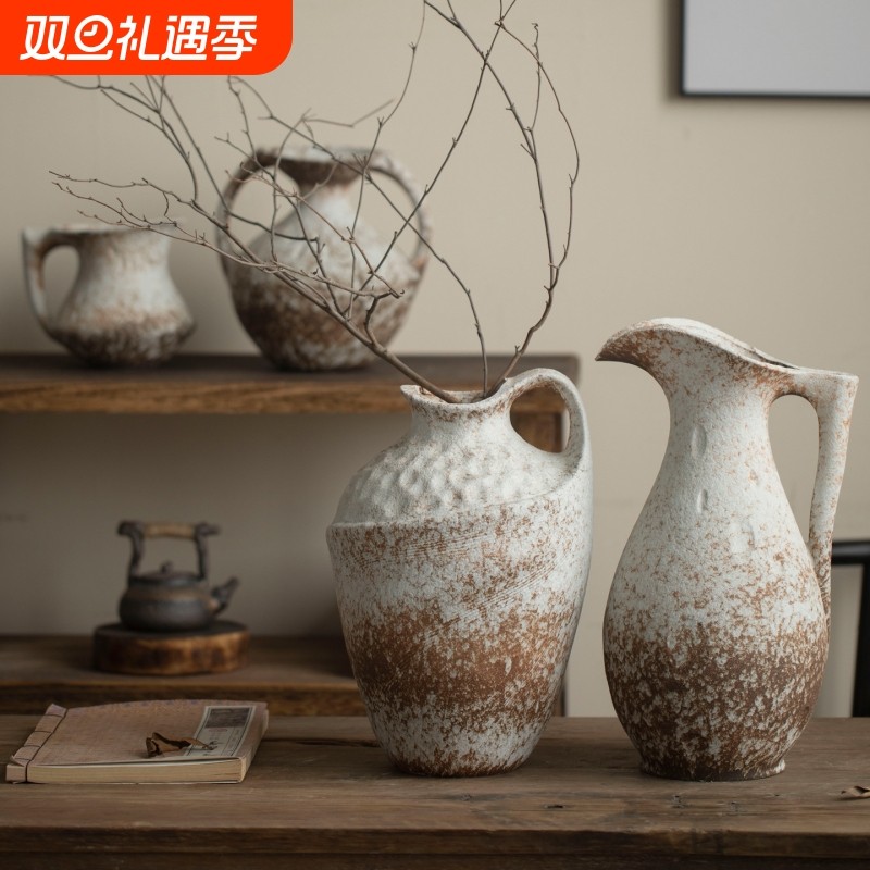景德镇斑驳老旧陶瓷手工花瓶侘寂风花器客厅玄关插干花装饰品摆件