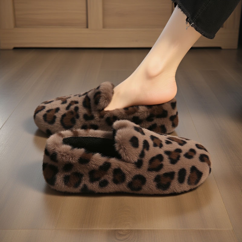 水貂绒豹纹毛毛鞋女冬季外穿高级感加绒保暖一脚蹬软底豆豆鞋高跟