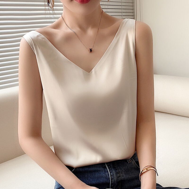 法式仿真丝吊带背心女内搭打底配西装仿桑蚕丝绸缎面无袖白色黑色