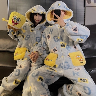 海绵宝宝情侣睡衣女款秋冬季珊瑚绒加绒加厚卡通家居服可外穿可爱