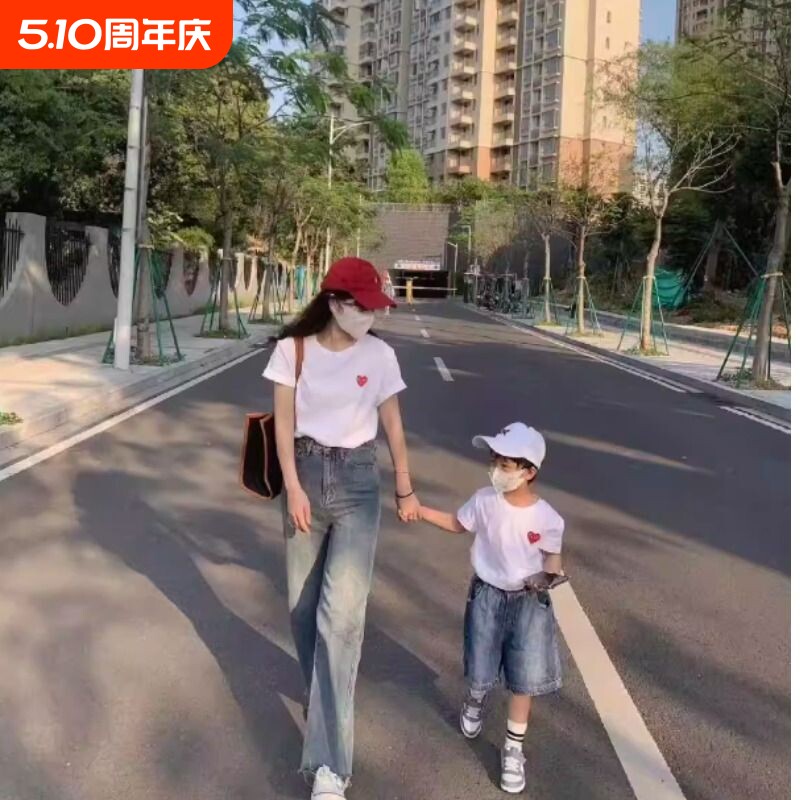 日系经典爱心T恤刺绣小红心纯棉白色短袖男女宽松亲子装半袖打底