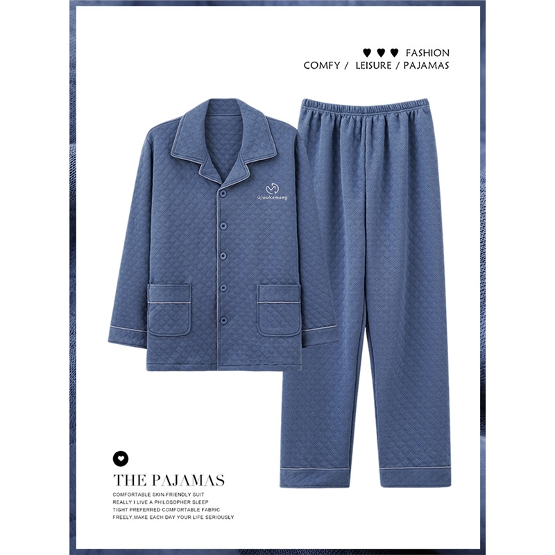 夹棉睡衣裤男士秋冬季纯棉长袖全棉厚款夹层空气棉家居服套装开衫