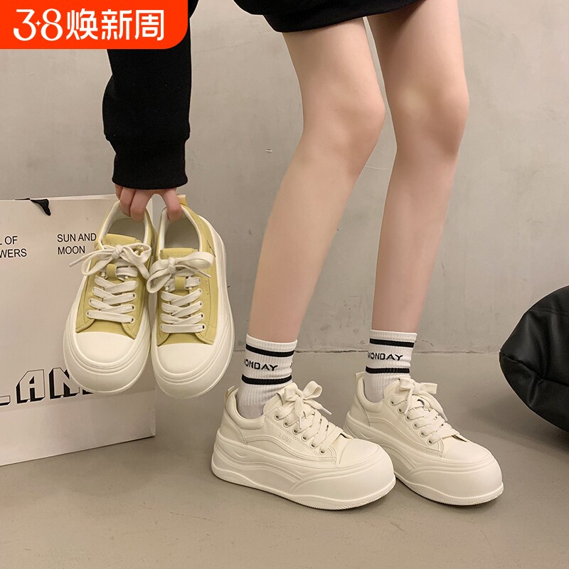 韩版厚底松糕小白鞋女圆头交叉绑带百搭休闲白色帆布鞋学生休闲鞋