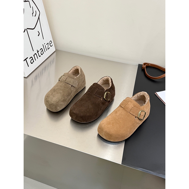 真皮内增高加绒勃肯鞋女2025秋冬新款圆头丑萌一脚蹬乐福鞋毛绒