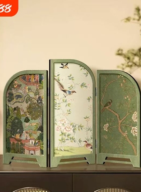 中古风仿古桌面摆件客厅创意小屏风装饰画花鸟山水玄关柜电视柜画