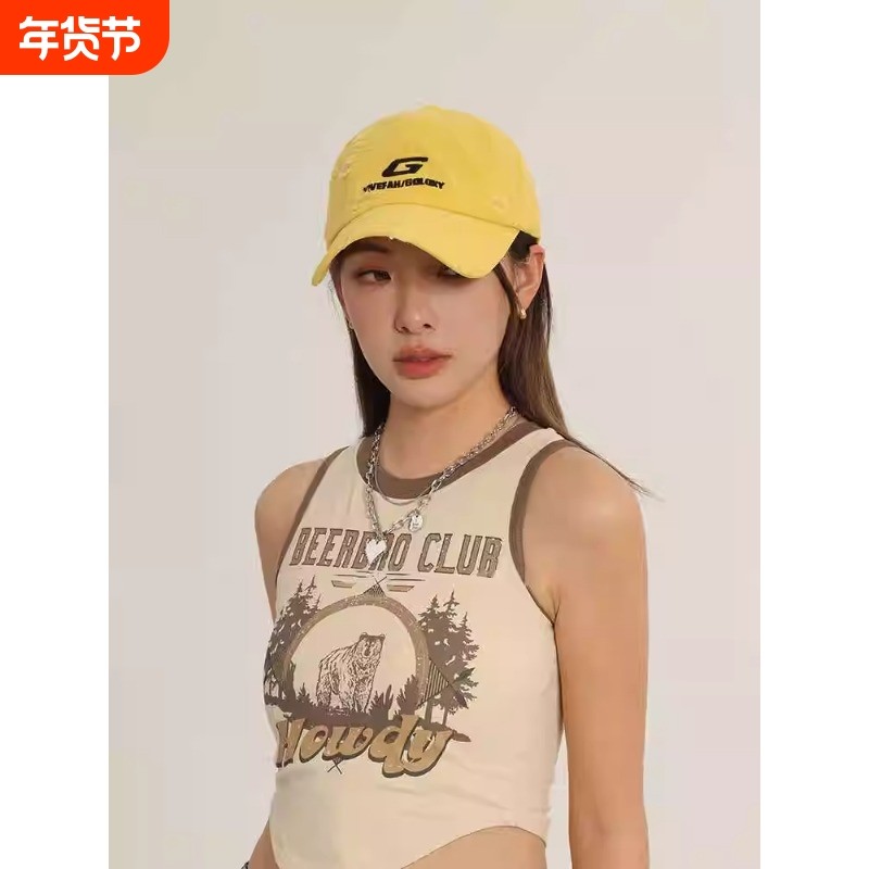 破洞棒球帽2024夏季新款男女街头G字母黄色鸭舌帽子显脸小刺绣潮