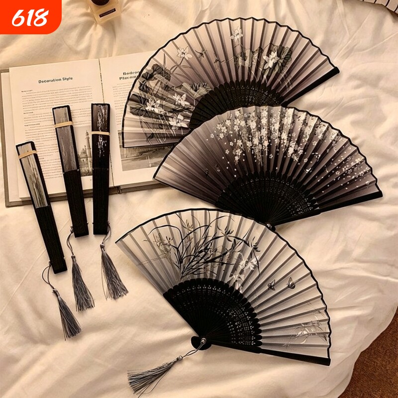 新中式扇子折扇中国风古风黑色旗袍汉服随身携带搭配马面裙的跳舞