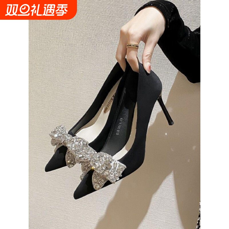 法式高跟鞋女2025春季新款水钻蝴蝶结水晶黑色气质名媛细跟单鞋女
