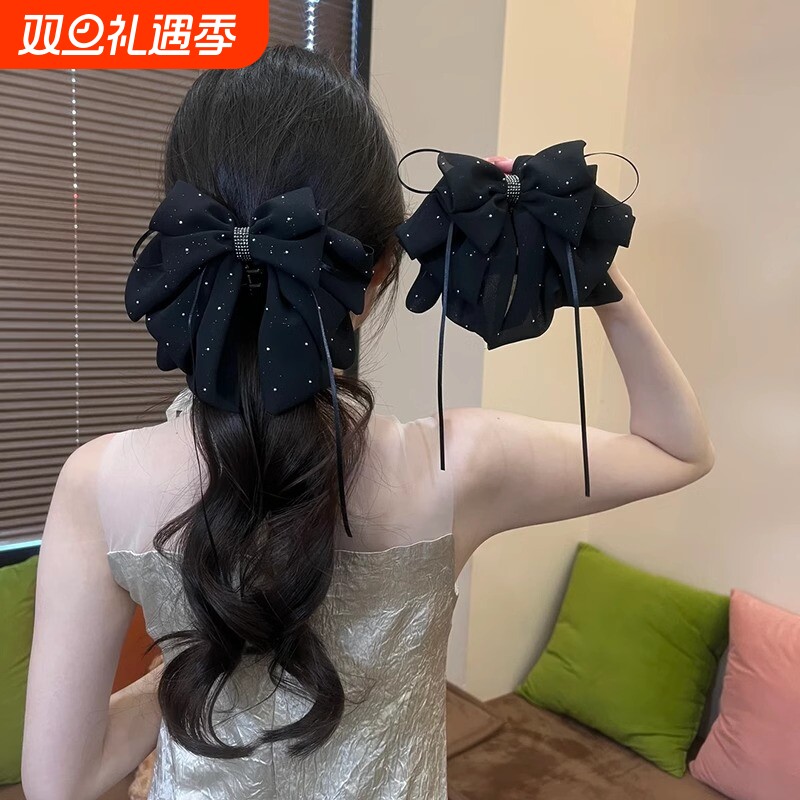 满天星气质新款缎面星空碎钻蝴蝶结马尾抓夹后脑勺盘发半扎抓夹