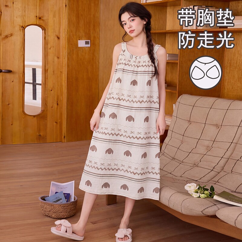 夏季韩版带胸垫宽松甜美条纹睡裙少女中长款睡衣背心家居裙可外穿图片