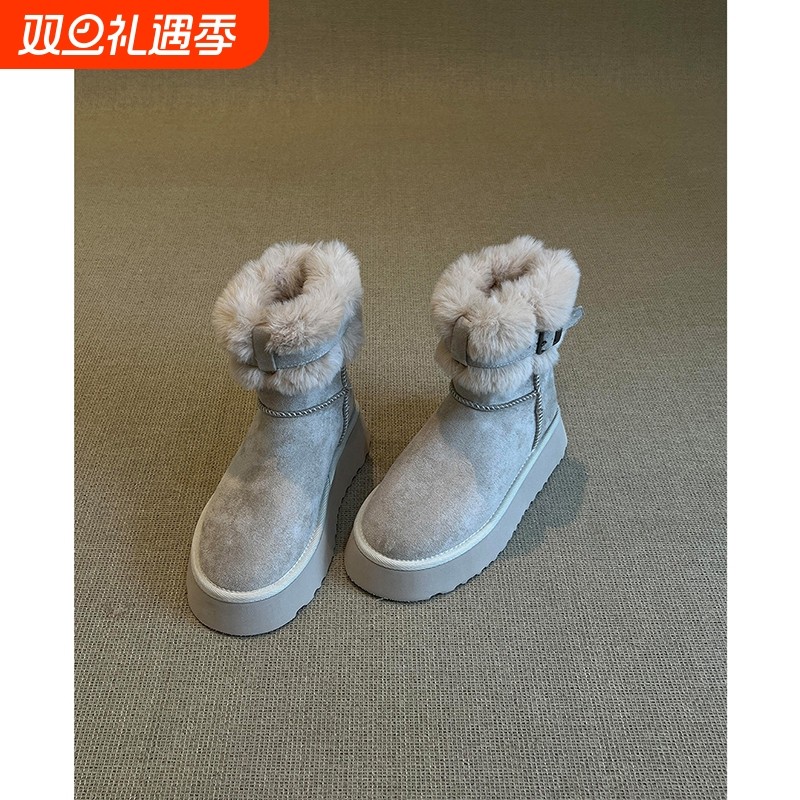 翻折两穿雪地靴女加绒加厚保暖冬季东北大棉靴厚底毛毛复古短靴子